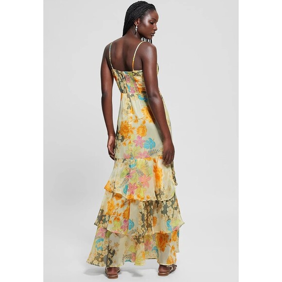 GUESS Women's Sleeveless High-Low Vicky Maxi Dress Floral Print Butter Yellow S - Picture 8 of 16